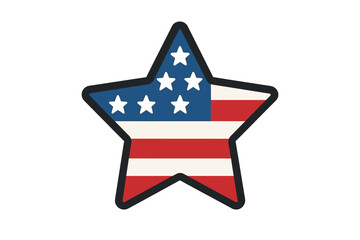 Star with USA flag. Patriotic American symbol. Icon for Independence Day, 4th of July, Memorial Day, Veterans Day. US national pride emblem. Vector cartoon graphic.