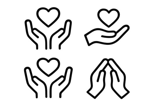 Charity and donation icon set. Hands holding a heart symbol of love, care, and support. Vector line art for volunteering, non-profit, and community help concepts. Hope.