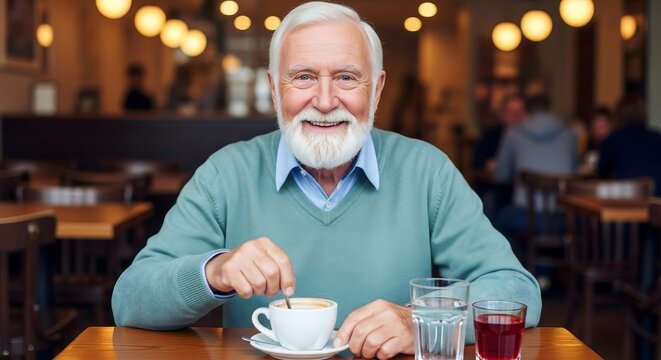 Smiling elderly man stirring coffee at a cafe table with drinks and blurred background patrons visible - Powered by Adobe