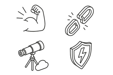 Isometric line icon set for business concepts. Strength and weakness, vision and cloud computing, security and protection. Vector pack with bicep, broken chain, and shield.
