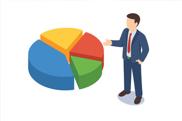 Businessman presenting a pie chart. Isometric business concept. Data analysis, financial report, market research. Infographic element for statistics, budget, investment, sales.