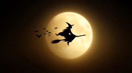 Silhouette of a witch flying on a broomstick in front of a full moon with bats.
