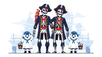 Pirate's Gathering: A fantastical depiction of a skeletal pirate family, adorned in classic garb, stands together in front of a stylized backdrop, a playful nod to the spooky season.