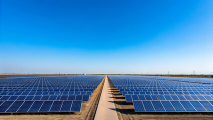 Large Solar Farm with Grid-Aligned Panels Under Clear Blue Sky – Renewable Energy Concept