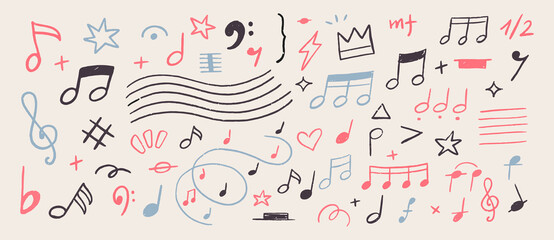 Music notes hand drawn doodle vector illustration set. Freehand sketch melody symbol elements