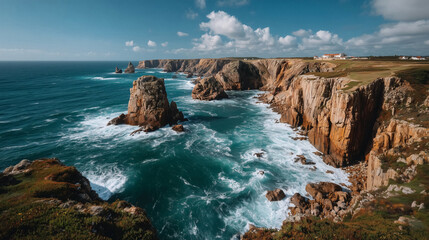 Dramatic ocean waves crash against rugged coastal cliffs under a vast cloudy sky