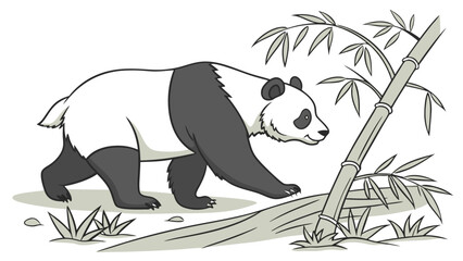 Naklejka premium Cartoon Panda Bear Walking Near Bamboo Illustration.