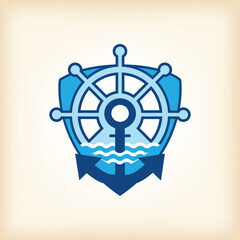 The image shows a flat logo design of a badge depicting a shield with a ship’s wheel and an anchor. The logo looks clean on a white background and can be used for maritime related purposes.