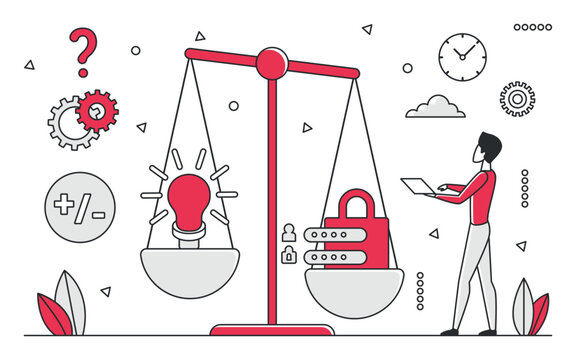 Businessman weighing ideas and cybersecurity on scales, highlighting the balance between innovation and data protection in technology, isolated on white background vector illustration