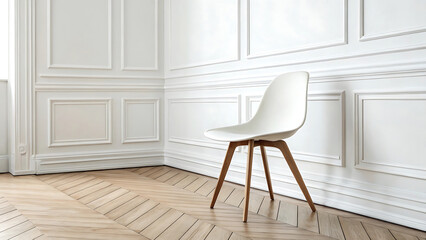 Modern white chair with wooden legs in a room with ornate white wall paneling and light wood floor