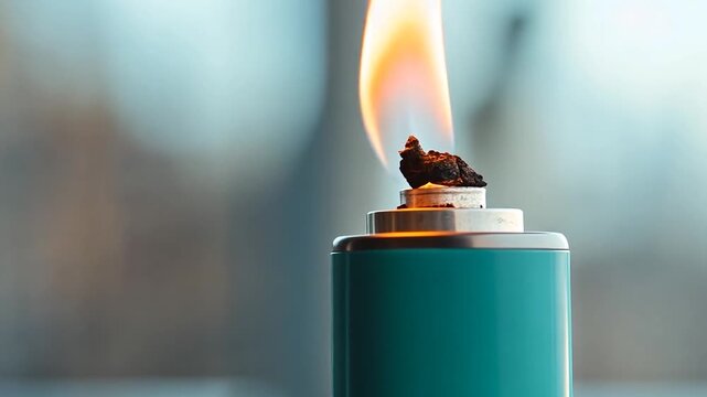Close up of a teal tiki torch flame burning brightly outdoors.