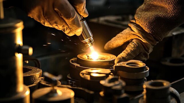 Close up of a welder working on metal parts with sparks flying.