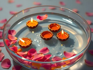Diyas floating in a bowl of water with flower petals	