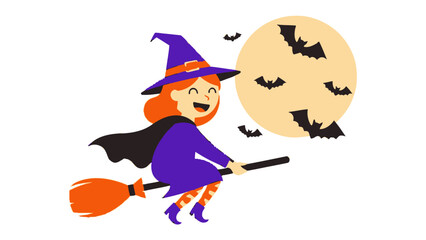 Whimsical Witch's Flight: A spirited illustration captures a cheerful witch, aloft on her broomstick against a moonlit sky, escorted by a flock of bats for a spellbinding adventure!