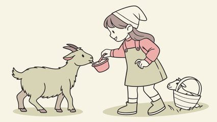 Feeding a Goat Kid Cute Farm Illustration Child and Animal Cartoon.
