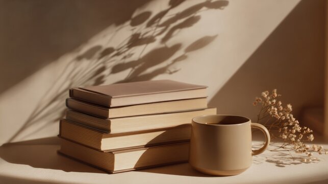 Calm minimalist workspace with beige notebooks, warm coffee cup, subtle shadows, natural soft-toned background