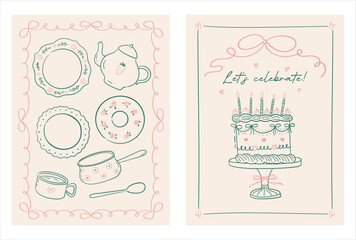 Whimsical posters in trendy vintage style with ribbon frames, cake and utensil. Dinner party line art prints. Charming coquette invitation and card design. Vector graphic