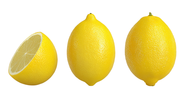 Three Lemons on Black Background One Cut in Half
