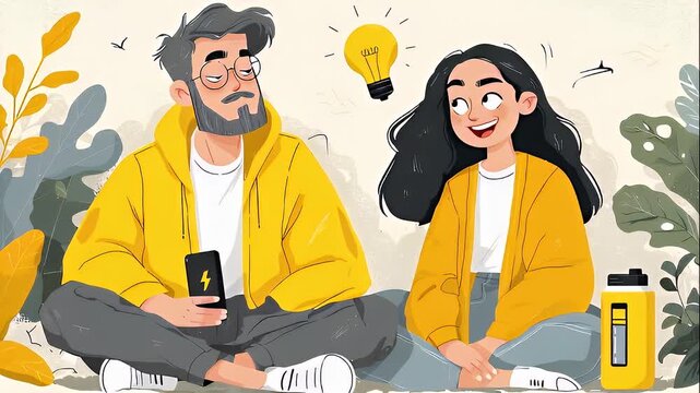 Creative illustration of couple yellow hoodies sharing ideas, surrounded by plants and light bulb, inspiring creativity together