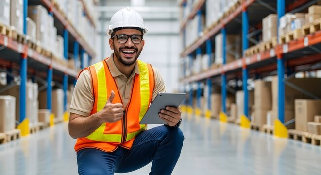 A smiling warehouse worker with a tablet giving a thumbs up in a warehouse aisle with shelves full