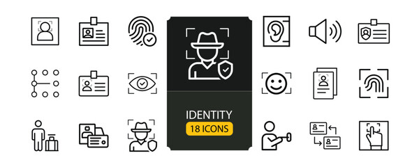 Identity set of web icons in line style. Authentication linear icons collection. Containing identification, passport, biometric, ID card, fingerprint, DNA. Editable vector