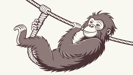Happy ape hanging on a rope jungle animal cartoon illustration primate swinging wildlife design.