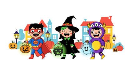 Happy Halloween Costume Parade: A vibrant illustration captures the spirit of Halloween, showcasing three adorable children in costumes, each ready for trick-or-treating.