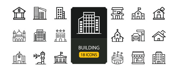 Building Web Icon Set in Line Style, Collection of Linear House and Architecture Icons Including City, Office, Skyscraper, Bank, School, Hotel, Shop, University, Hospital, Church, Mosque, and Factory