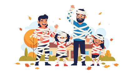 Halloween Mummy Family: A cheerful family embraces the Halloween spirit, dressed as mummies, radiating festive joy and embodying the warmth of familial togetherness.
