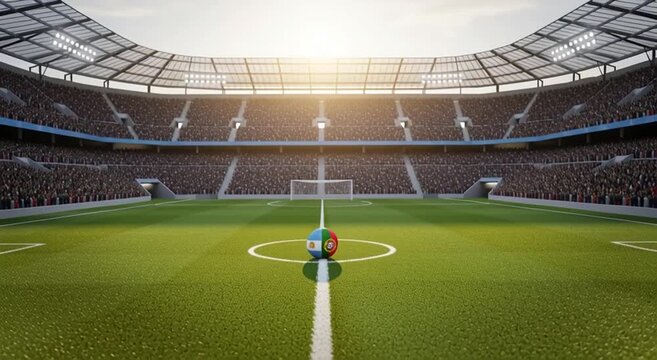 Soccer ball with argentina and portugal flags on a field in a stadium filled with spectators and bright lights
