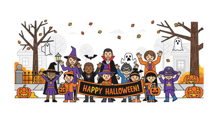 Spooky Halloween Gathering: Illustration of a lively Halloween scene where children in costumes and festive decorations such as pumpkins and bats all come together in the spirit of the holiday.