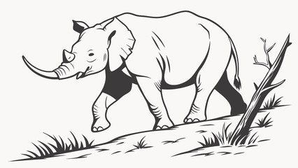 Rhinoceros Walking in Grassland Black and White Line Art Illustration for Print T-Shirt and Decoration.