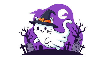 Mystical Halloween Cat in Spooky Scene: A charming cartoon cat, dressed in a pointed witch's hat, levitates through a moonlit graveyard on Halloween night, against a backdrop of twisted, bare trees. 