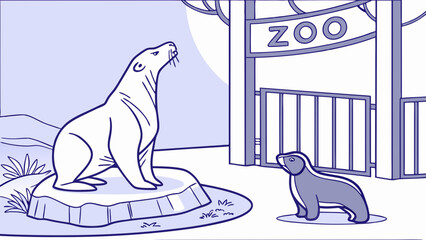 Zoo animals illustration cartoon seal and sea lion at zoo entrance wildlife vector graphic for kids childrens book zoo poster design.