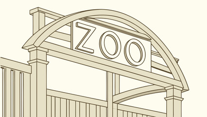 Zoo Entrance Archway Wooden Gate Architectural Design Vector Illustration.