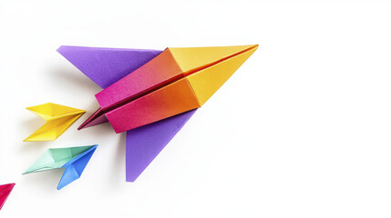 Colorful paper airplanes various sizes, showcasing creativity and fun. vibrant hues of purple, orange, yellow, and blue add