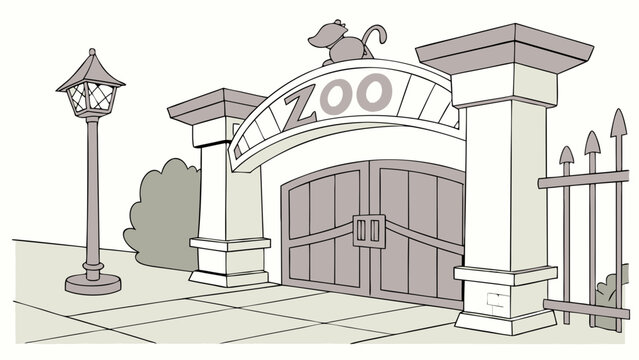 Zoo Entrance Cartoon Style Illustration Gate Fence Lamppost Animal Park Vector Graphic.