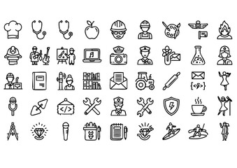 Diverse Professions in Line Art, Job and Career Icon Set, Vector Icons of Occupations