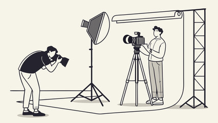 Studio Photography Session Two Photographers with Cameras and Lighting Equipment.