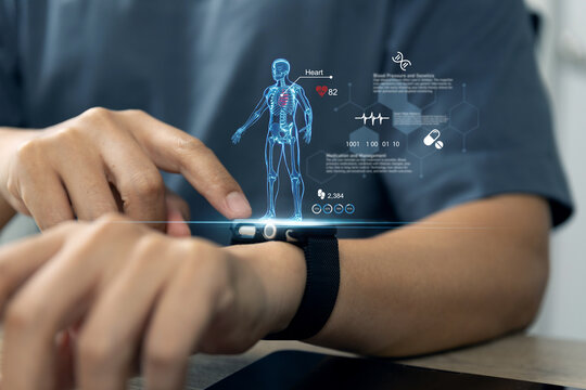 Young man using smartwatch to monitor health data through an augmented hologram.