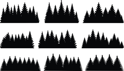Pine forest tree silhouettes vector collection, evergreen woodland landscape design elements, conifer trees black silhouette set, nature background, outdoor illustration, ecology