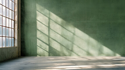 Serene industrial interior with green walls and soft light casting shadows from large windows creates tranquil atmosphere