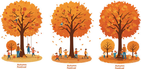 Autumn festival, fall celebration, orange trees, children playing, seasonal picnic, outdoor fun, family gathering, vibrant foliage, nature scene, community joy