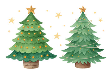 Watercolor Christmas Tree with Golden Star 