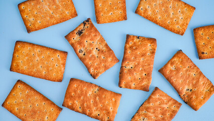 Flat lay view of biscuit on light blue background