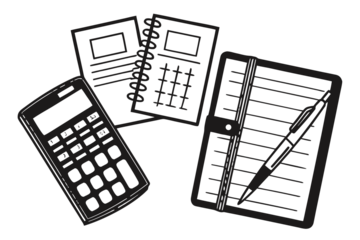 Illustration of a calculator, spiral notebook, and notepad with pen, all in black and white.Silhouetted