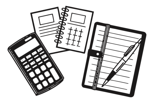 Illustration of a calculator, spiral notebook, and notepad with pen, all in black and white.Silhouetted