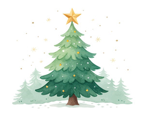 Watercolor Christmas Tree with Golden Star 
