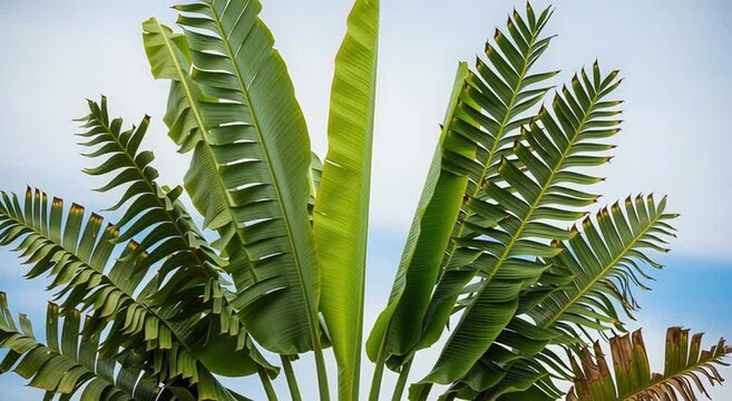 Close up of a traveler's palm tree with vibrant green leaves against a bright blue sky background