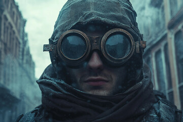 Portrait of a rugged person in dystopian city ruins, intense scene, generative ai